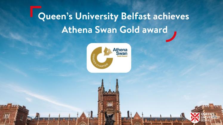 Front of QUB Lanyon Building with Athena Swan gold award logo embedded in the sky with the following text above 